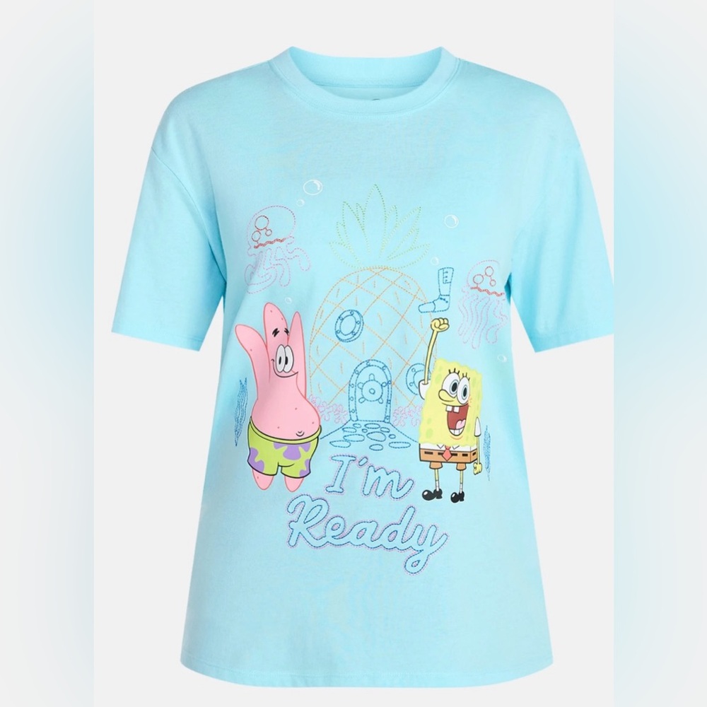 SpongeBob SquarePants “I’m Ready” Embroidered Graphic Tee XS NWT